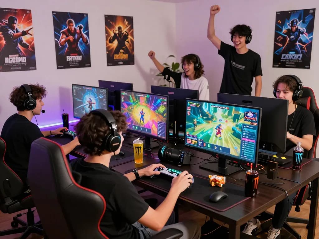 Players enjoying sunwin9 cocom games in a vibrant gaming environment with snacks and LED lighting.