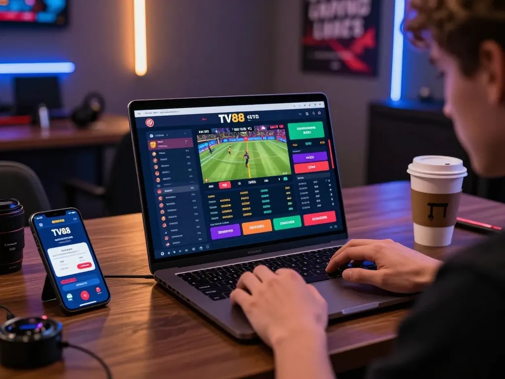 Player engaging on the trang tv88 platform with dynamic sports betting interface and smartphone notifications, vibrant gaming atmosphere.
