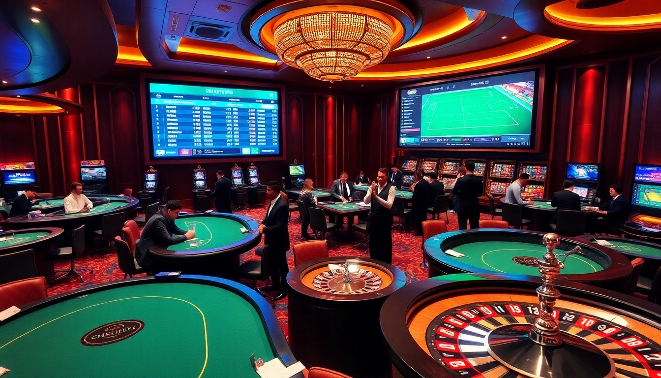 Experience thrilling Situs Judi Bola action with professional bettors at a vibrant casino setting.