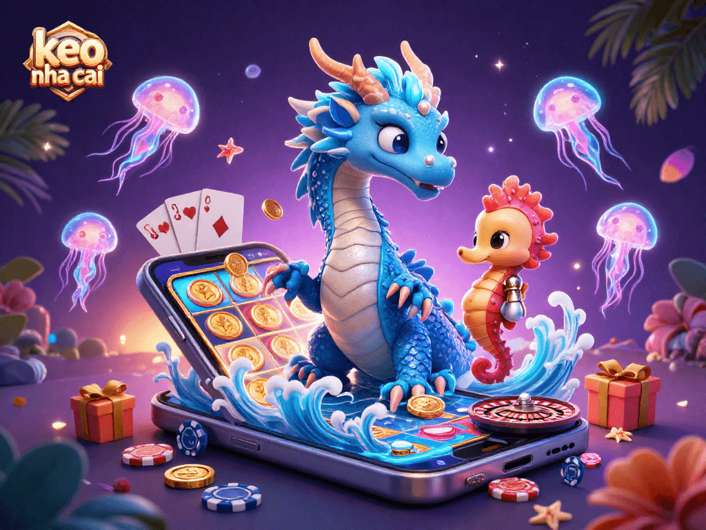 Keo nha cai showcases a vibrant 3D casino scene with a dragon and gaming elements.