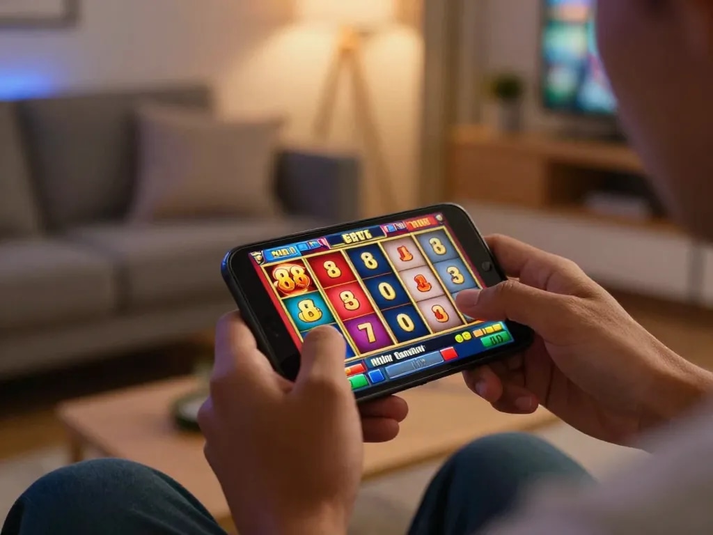 Engaged user playing slot 88 on smartphone, showcasing dynamic gameplay and vibrant game graphics.