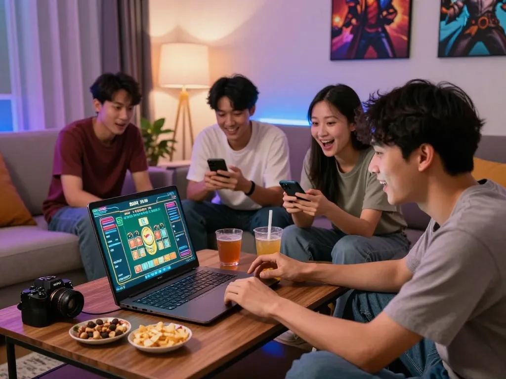 Exciting gaming moment with friends enjoying tài xỉu sunwin uy tín in a cozy living room.