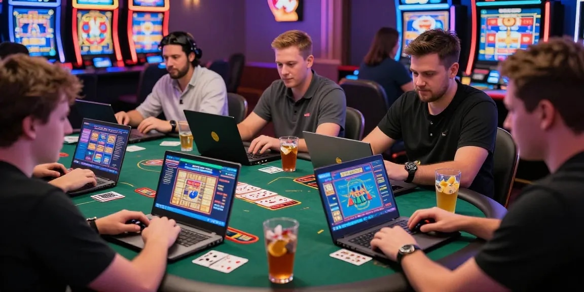 Diverse players enjoying engaging experiences at online credit card casinos featured on jumpspace.org.uk, showcasing vibrant gaming interfaces and lively decor.