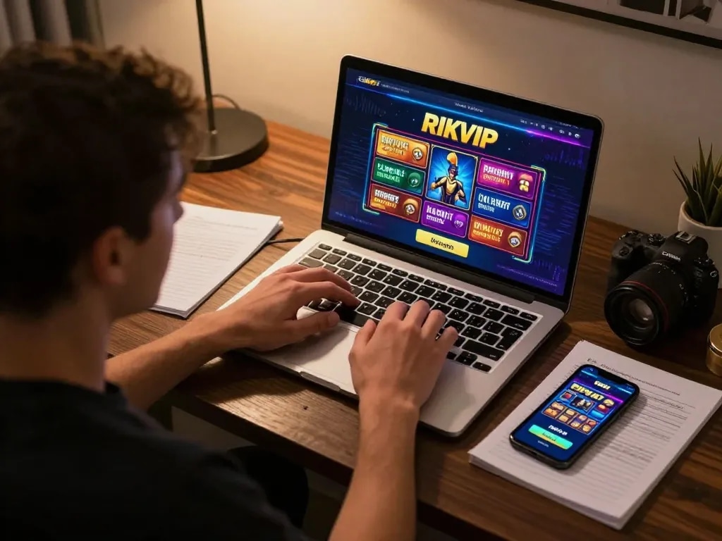Online casino gameplay at https://tairikvip.co with user immersed in gaming and strategic notes in a cozy setting