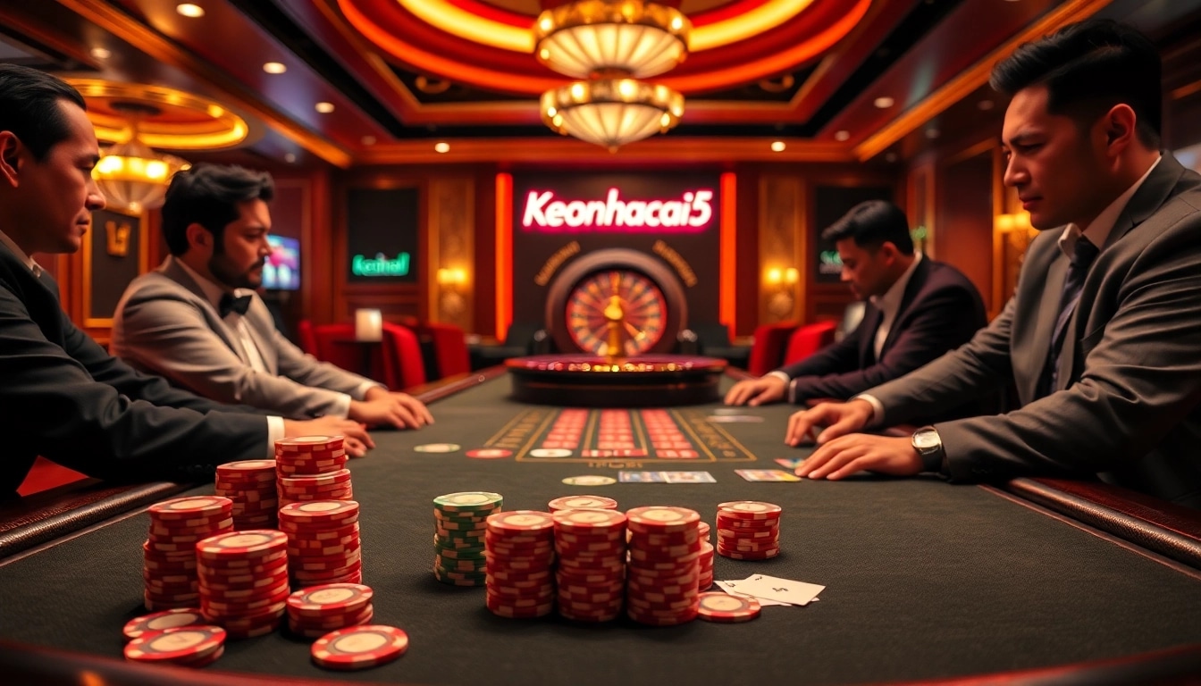 Experience the thrill of keonhacai5 at a luxurious poker table bustling with excitement and strategic gameplay.