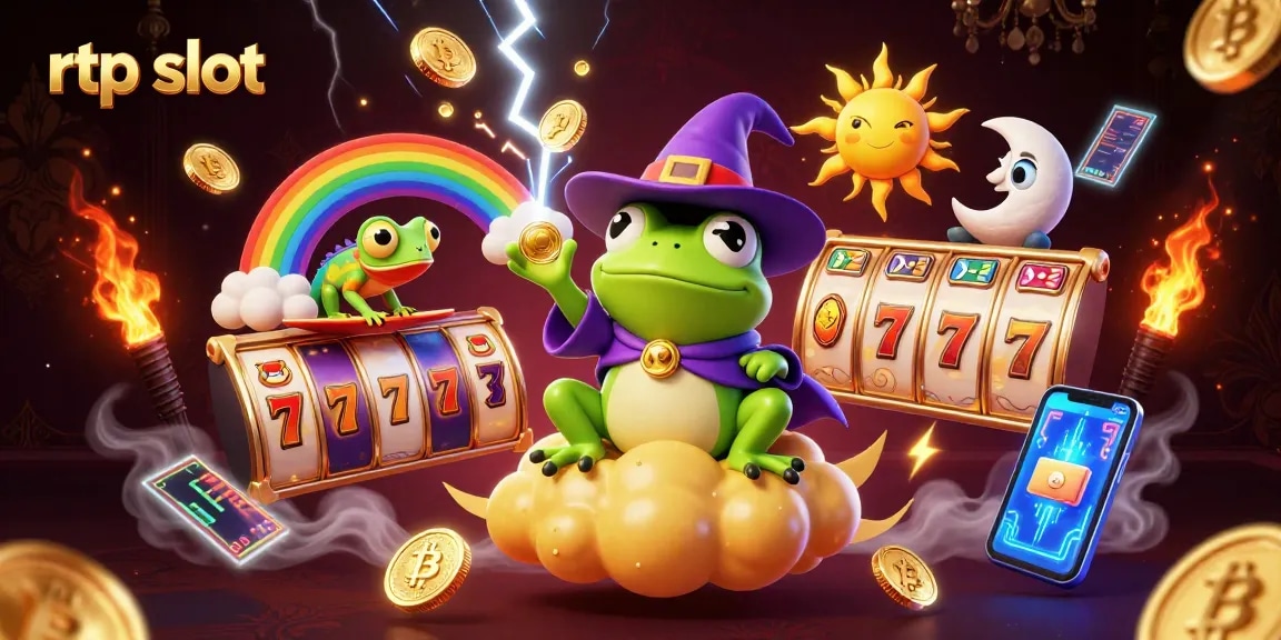Engage with the rtp slot scene featuring a wizard frog, chameleon, and golden coins in 3D illustration.