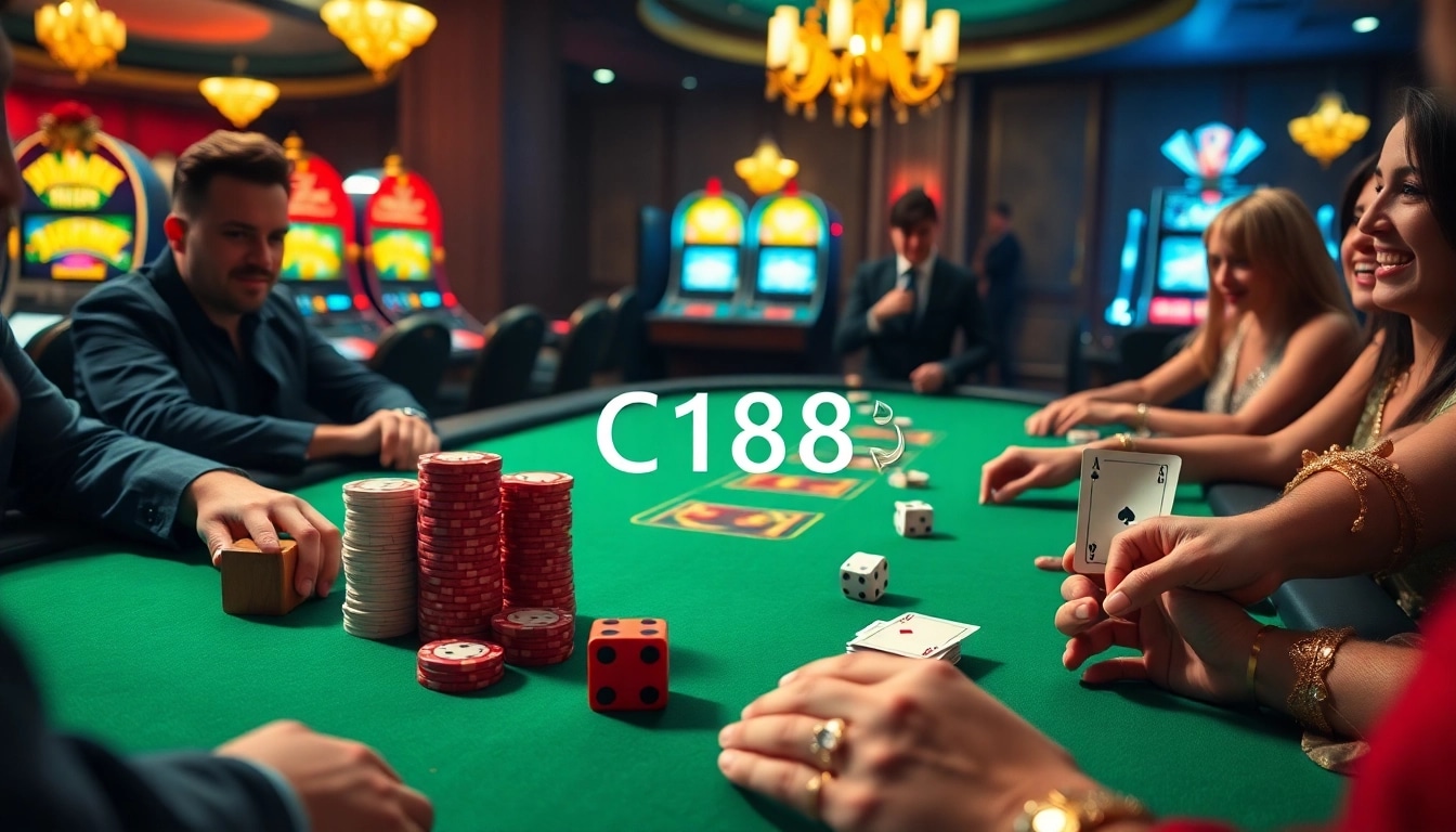 C168 players engage at a high-stakes poker table amid vibrant casino excitement.