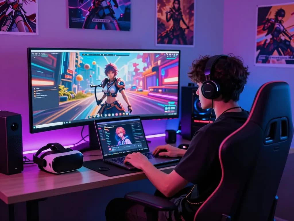 Innovative AI NSFW interaction featuring a gamer in a high-tech setup with vibrant imagery and immersive elements.