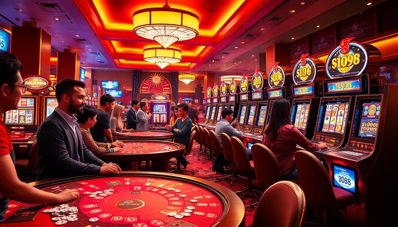 Players enjoying the excitement of slot88 machines in a luxury casino environment, showcasing vibrant wins and gaming action.