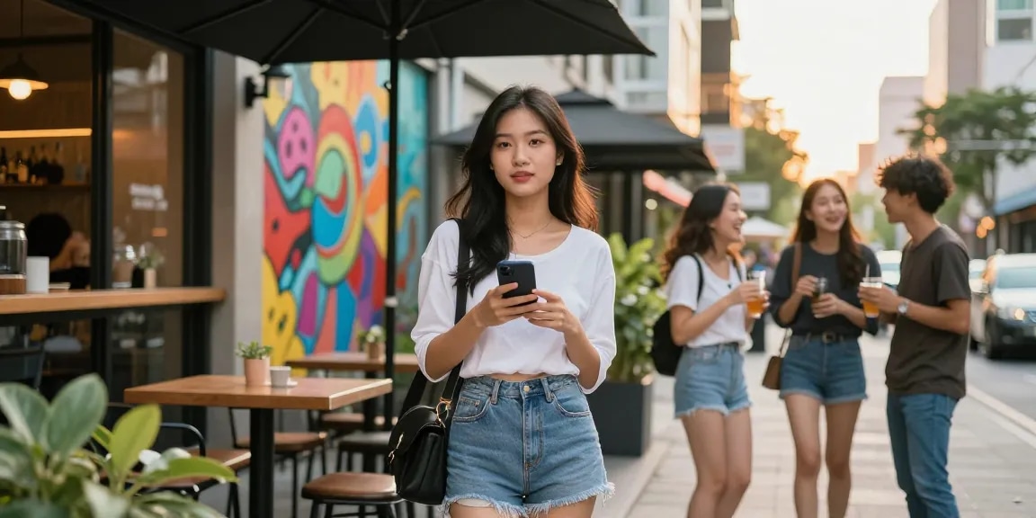 Gái gọi gặp gỡ trong không gian đô thị sôi động, thể hiện sự tự tin và phong cách trẻ trung.