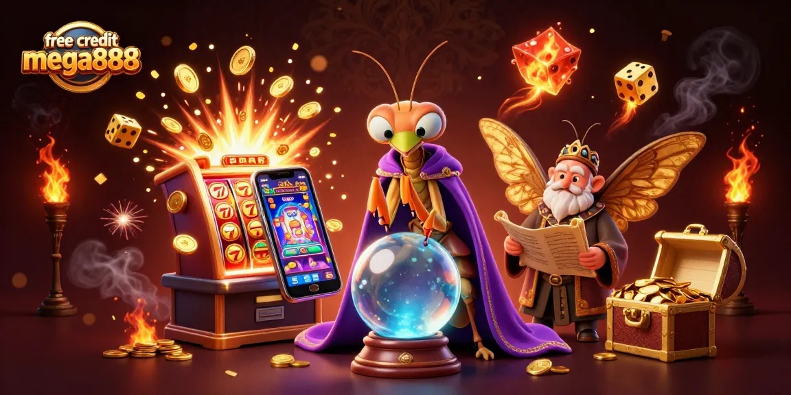 Claim free credit mega888 in an enchanting 3D casino world filled with slot machines and vibrant characters.