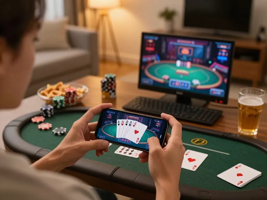 Engaged player enjoying gaming at 789f nhà cái on smartphone in a cozy home setting