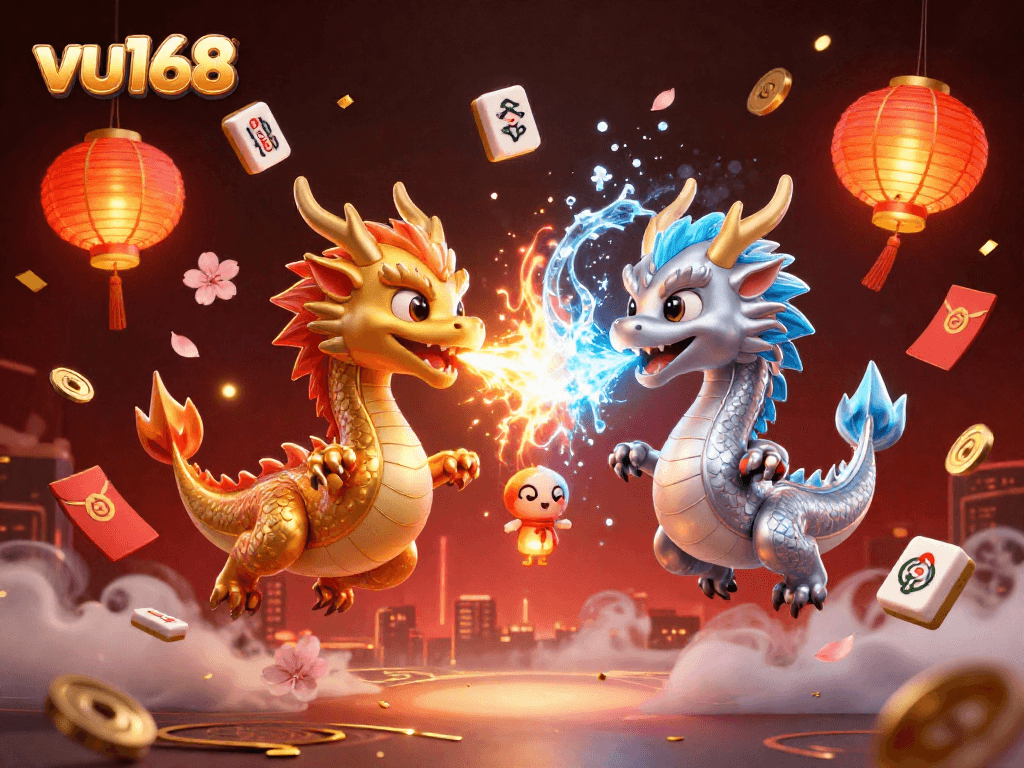 Experience thrilling action at vu168 with vibrant dragons, lanterns, and festive gambling elements.
