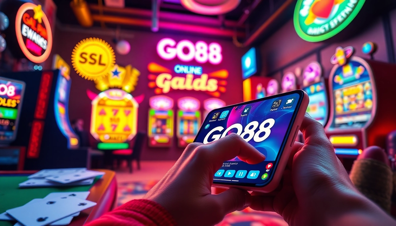 Tải GO88 on a smartphone amidst engaging online gaming elements showcasing excitement and security.