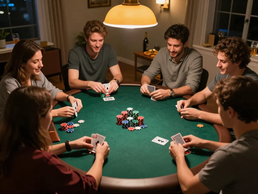 Sahabat terlibat dalam permainan poker malam yang meriah menampilkan strategi login Ulat123 dengan tangan kartu dan chip yang terlihat.