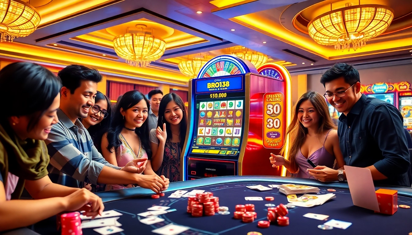 BRO138: Promo akhir tahun Toto Slot Terbaru Murah Hanya 10.000 with excited players enjoying slot machines.