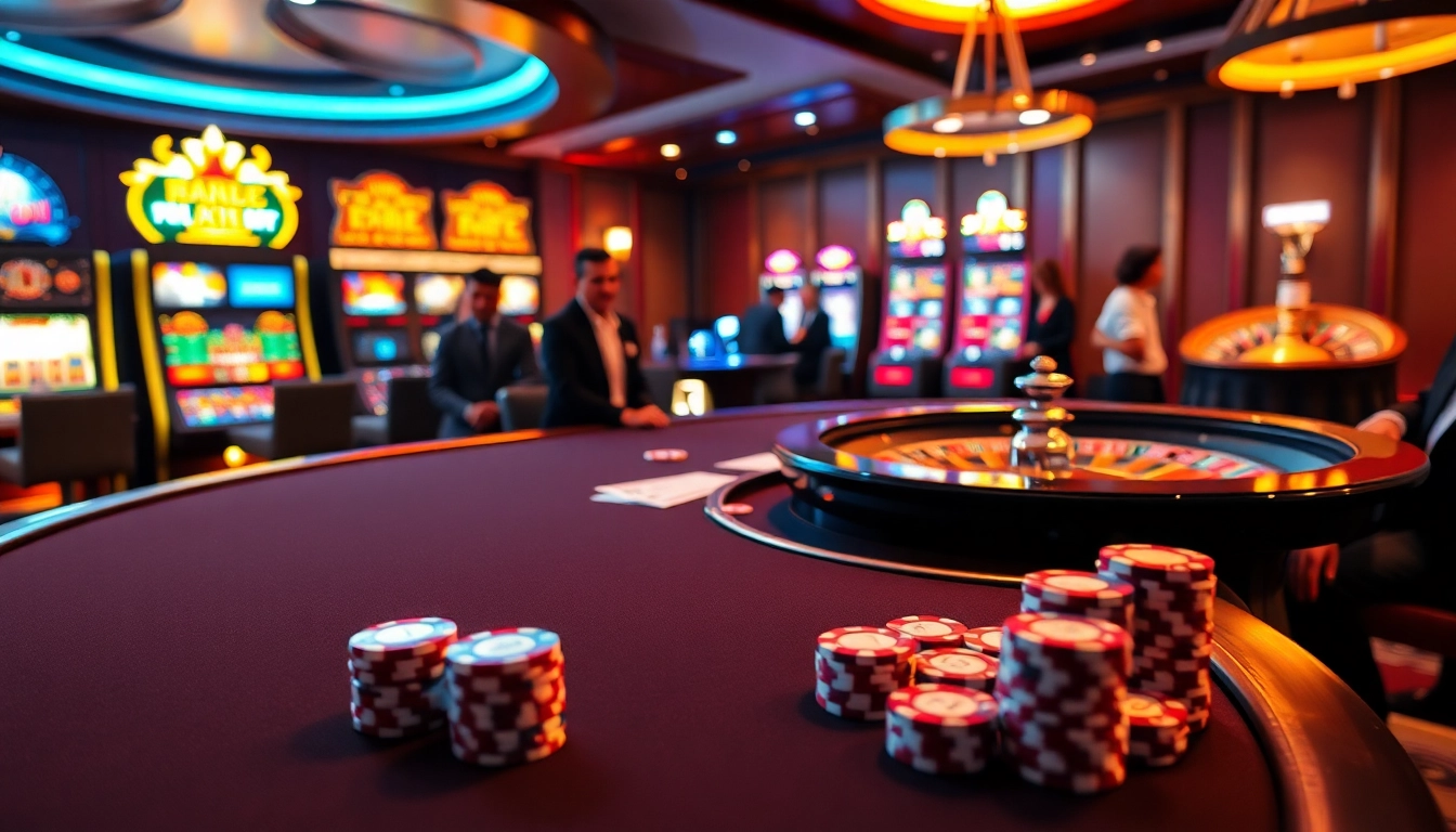 Engaging casino scene showcasing qh88 poker action with players, chips, and slots.