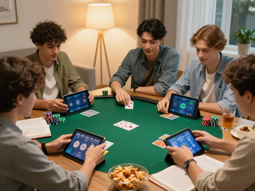 Friends playing an exciting online poker game at home using m107 strategy, focused on dynamic gameplay.