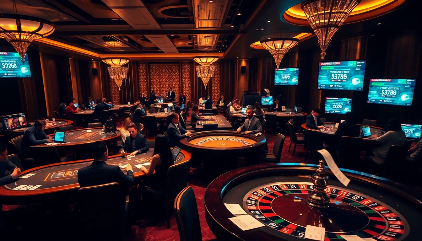 Exciting gambling scene at trang chủ xx88 featuring poker and roulette gameplay with luxurious ambiance.