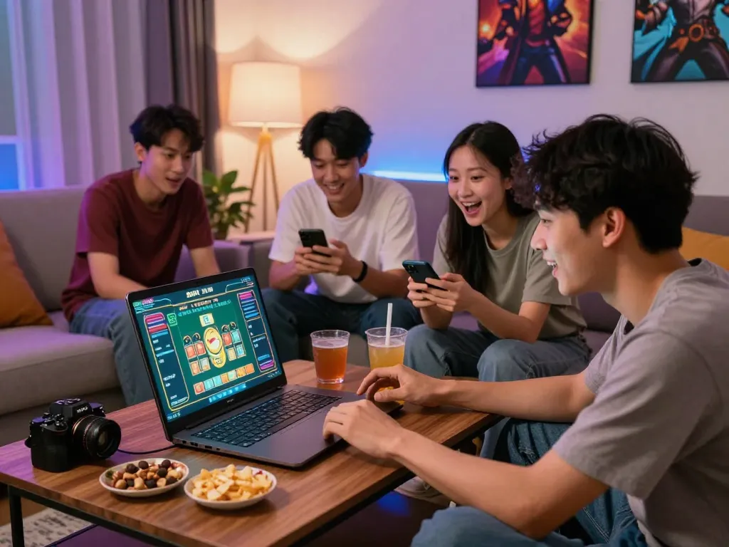 Exciting gaming moment with friends enjoying tài xỉu sunwin uy tín in a cozy living room.