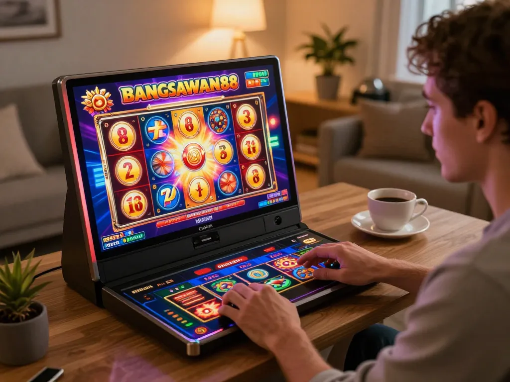 Bangsawan88 user engaging with vibrant online slot game on mobile in a cozy home environment