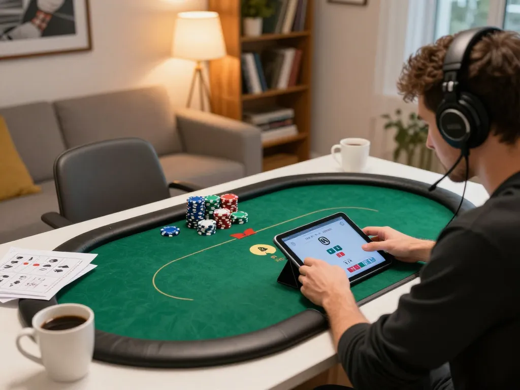 Player engaging in online poker at MM 99, surrounded by strategy notes and colorful chips.