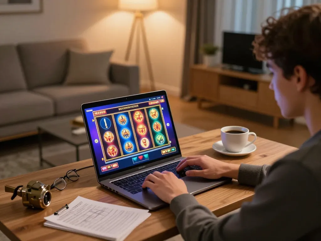 Player enjoying online slots at nhà cái kuwin in a cozy home setting, engaging in responsible gaming.