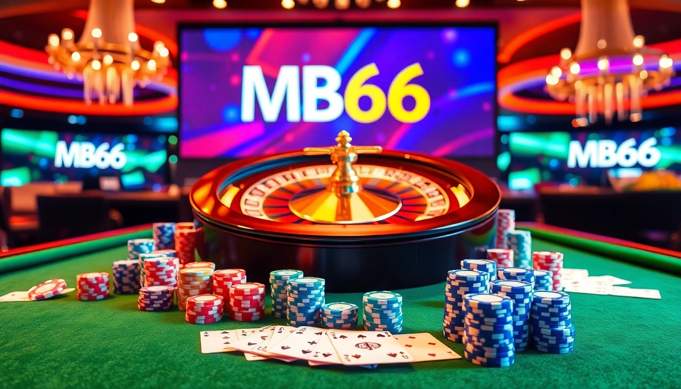 The excitement of the betting scene at MB66 Casino with poker chips, cards, and a roulette wheel.