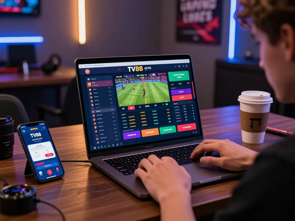 Player engaging on the trang tv88 platform with dynamic sports betting interface and smartphone notifications, vibrant gaming atmosphere.