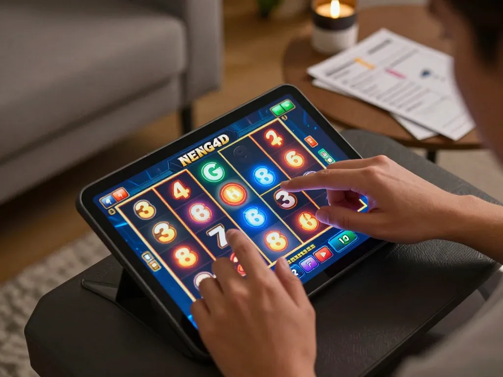 Engaging in NENG4D slot gameplay on a tablet in a cozy home setting, showcasing mobile gambling excitement