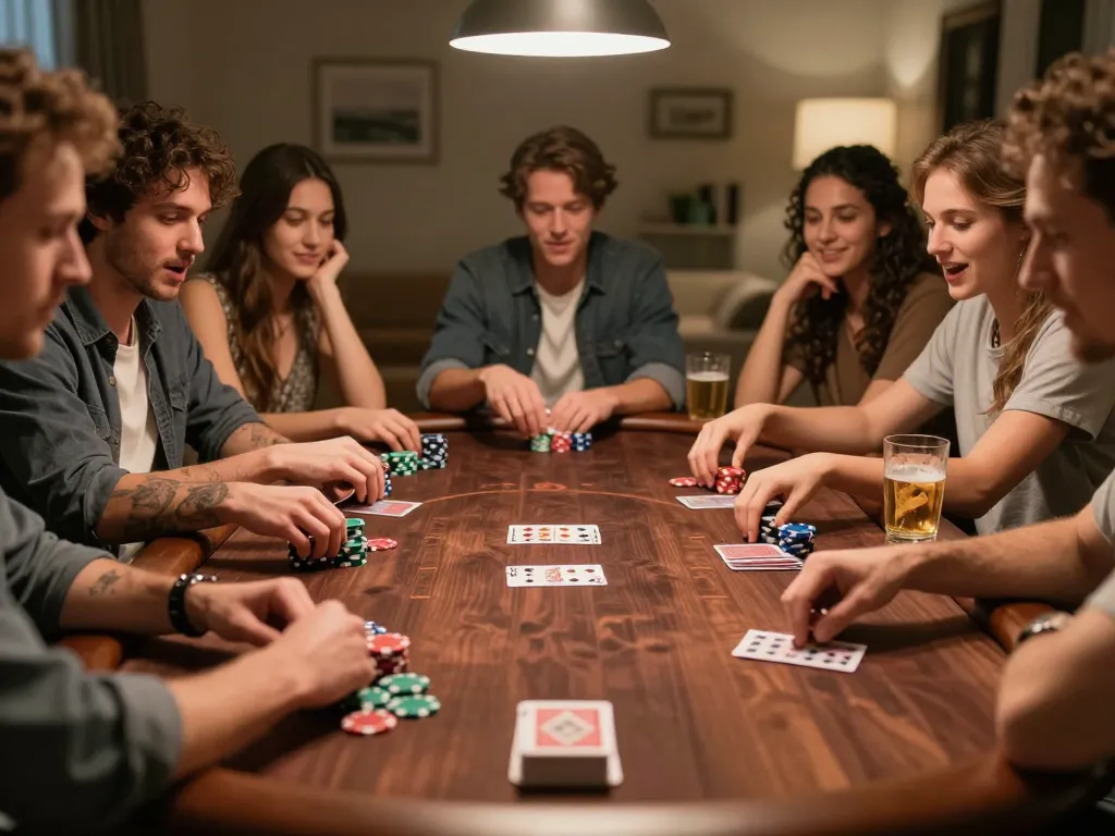 Friends enjoying a lively poker game night at home showcasing their excitement for Tr88