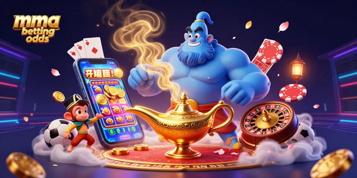 Experience the excitement of mma betting odds in a vibrant scene with a blue genie and poker chips.