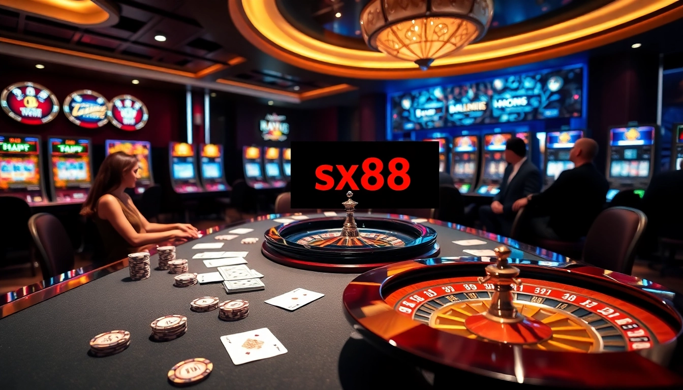 Experience the excitement of sx88.com with a luxurious casino scene featuring modern gaming elements.