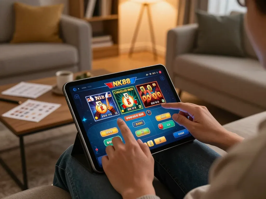 Navigating the NK88 mobile app for strategic online betting in a cozy home setting.