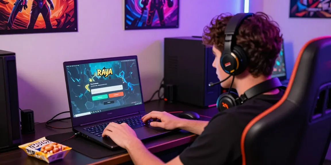 Excited gamer performing Raja Game login in a vibrant gaming setup.