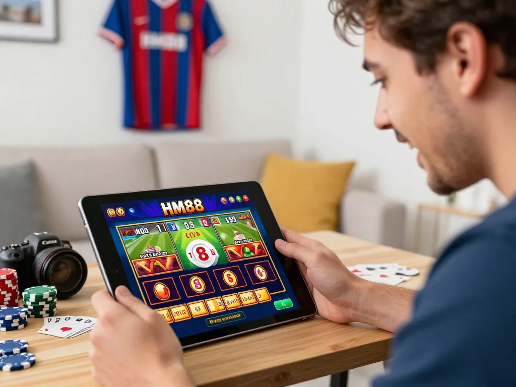 Player engaging with trang hm88 betting on a tablet in a vibrant home environment.