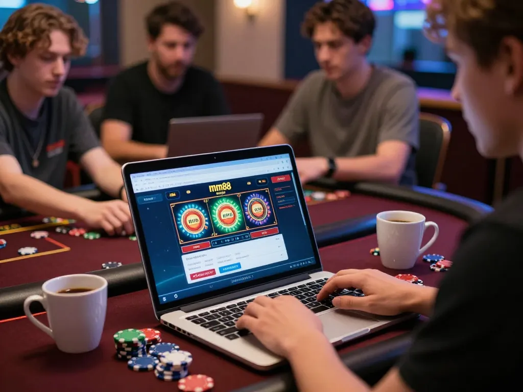 Engaging scene of a player at home using mm88 đăng nhập on laptop, capturing online gaming excitement