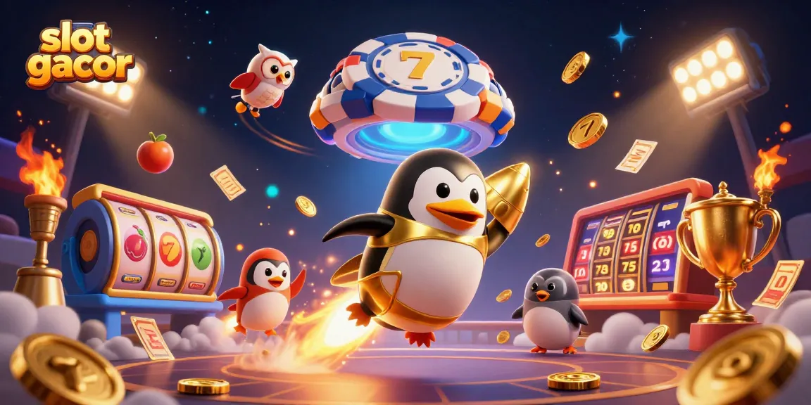 Menangkan slot gacor dengan penguin emas beraksi di luar angkasa, dikelilingi oleh jackpot dan elemen kasino.