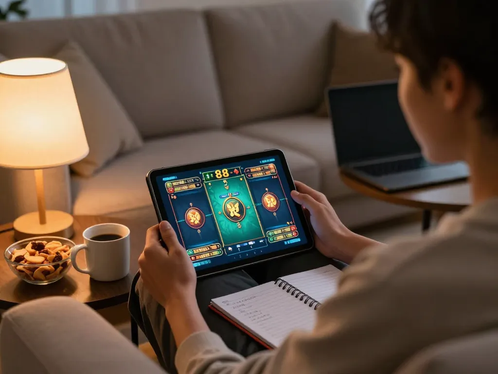 Play slot88 online on a tablet, player immersed in strategic gaming choices at home.