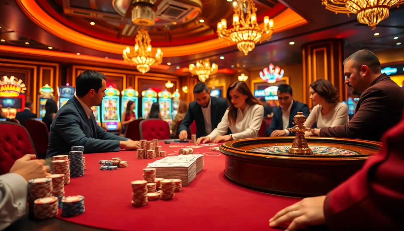 Engaging poker players at a luxurious casino, highlighting the super59 link alternatif experience.