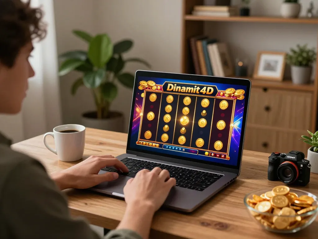 Engaging in thrilling Dinamit4D slots from the comfort of home with vibrant screen visuals and cozy setting.