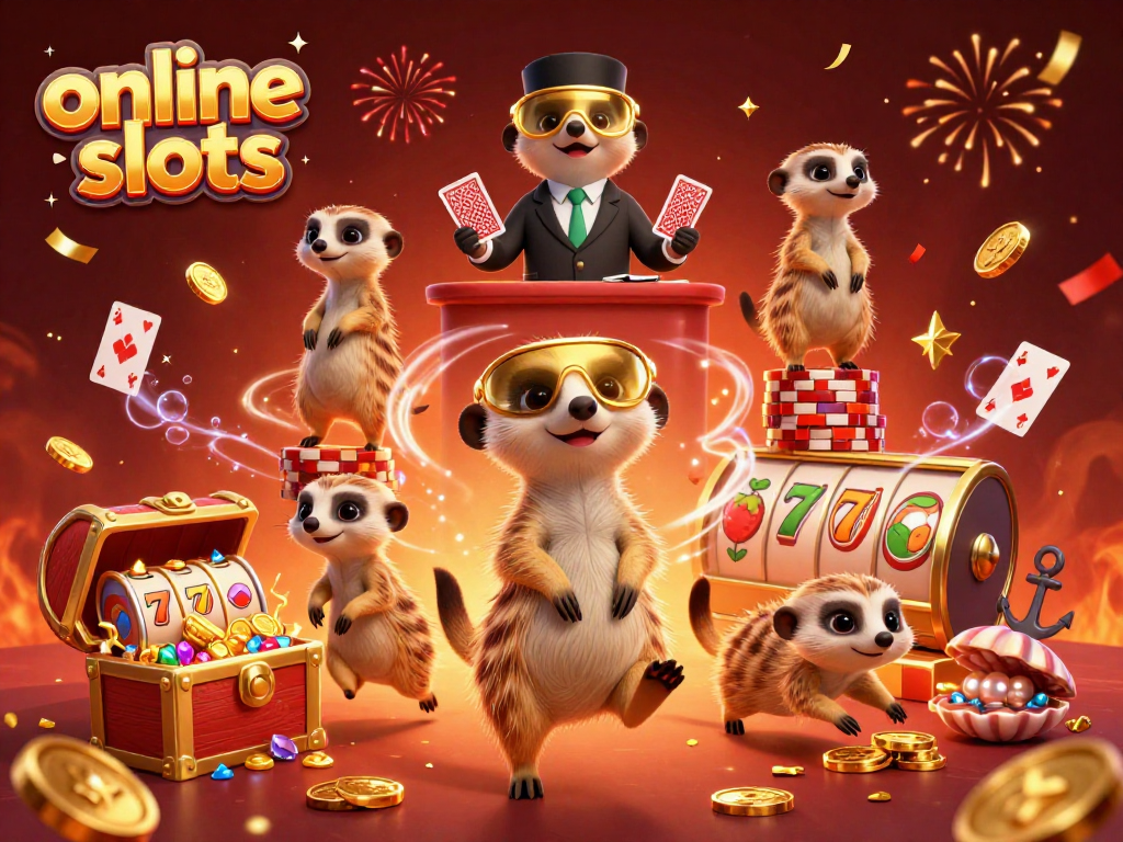 Experience exciting online slots action with our meerkat casino crew amidst vibrant treasures.