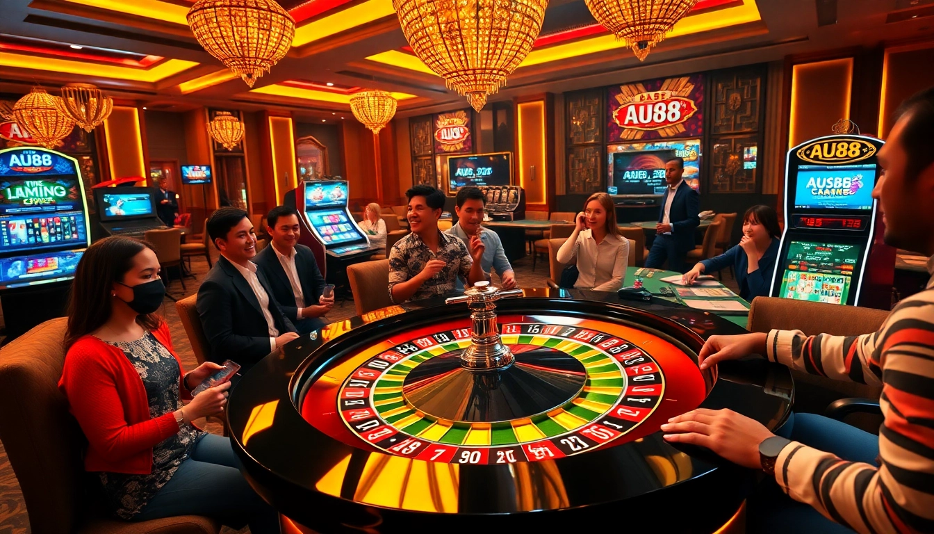 Players enjoying a thrilling game at the AU88 casino table with vibrant atmosphere and live dealer.