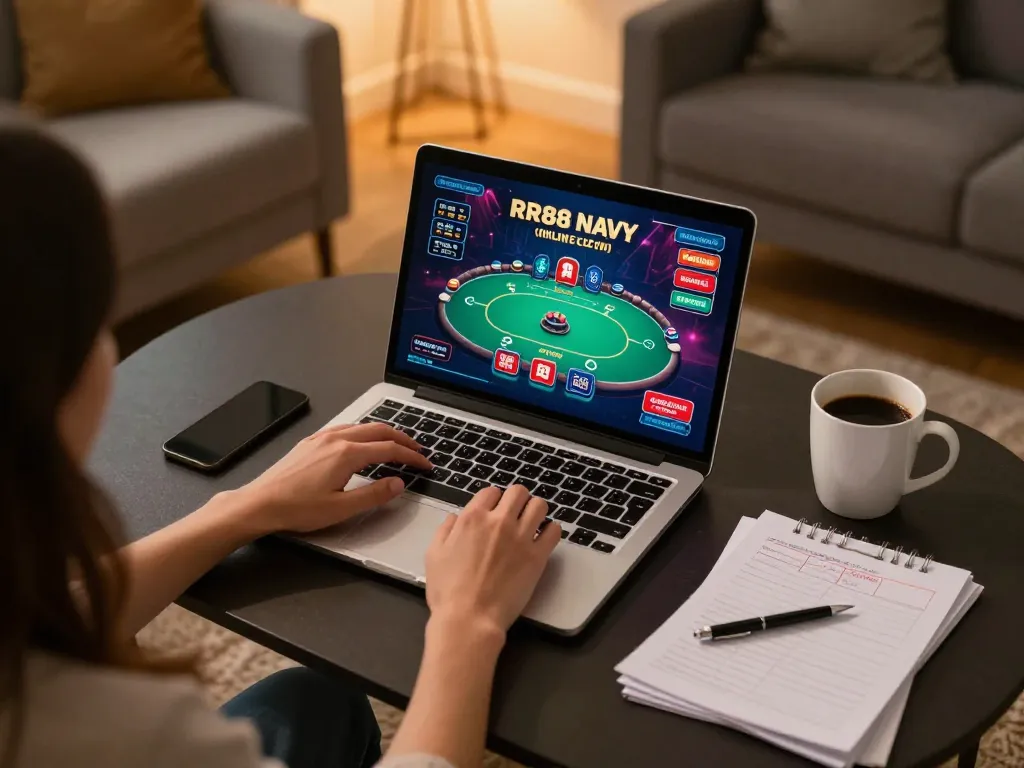 Engaged user playing poker on RR88 NAVY platform at home, showing laptop interface and strategic notes.