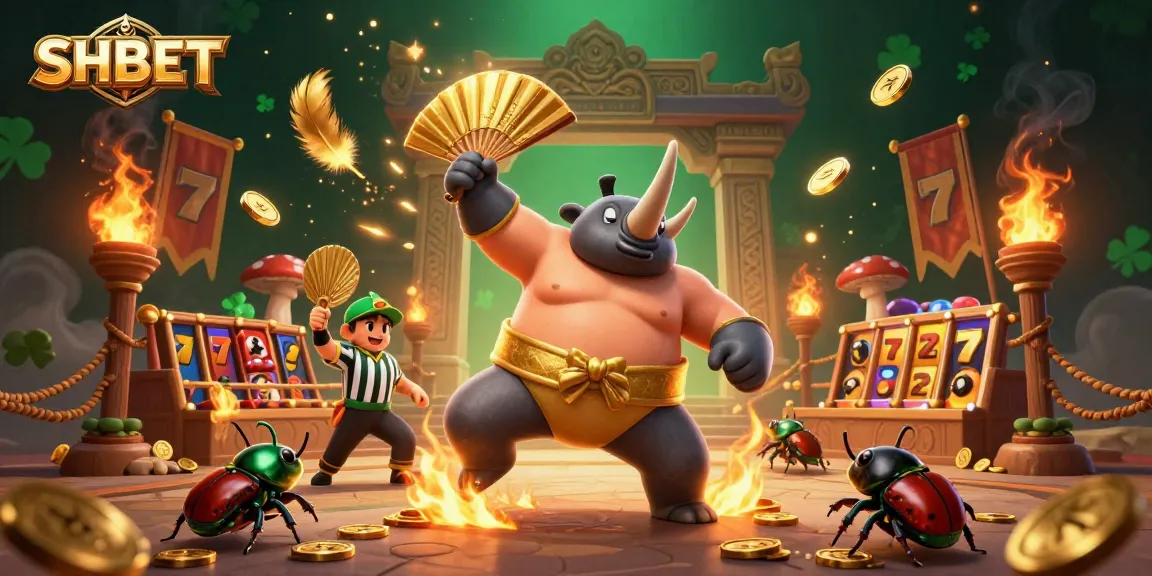 SHBET illustrates an energetic casino scene with a beetle sumo champion and golden coins flying during a dynamic match.