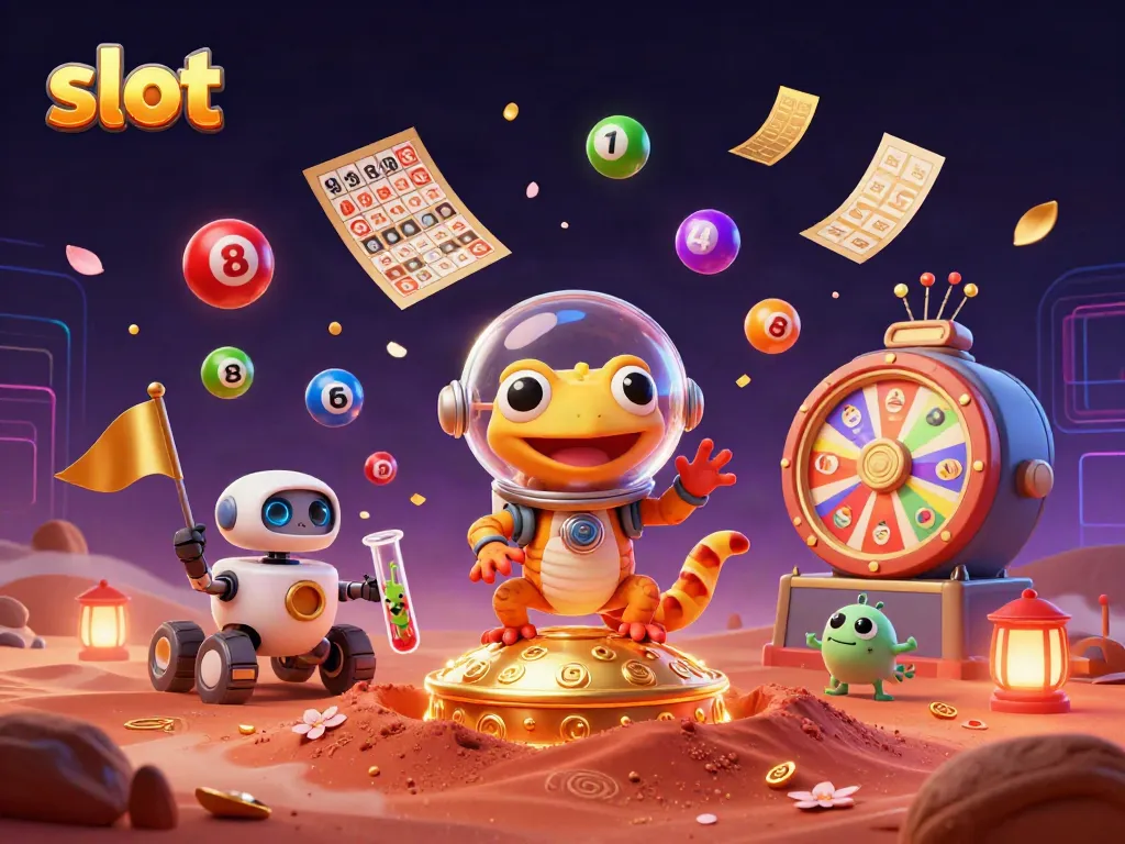 Engage in thrilling slot gameplay with a Martian gecko discovering a golden casino.