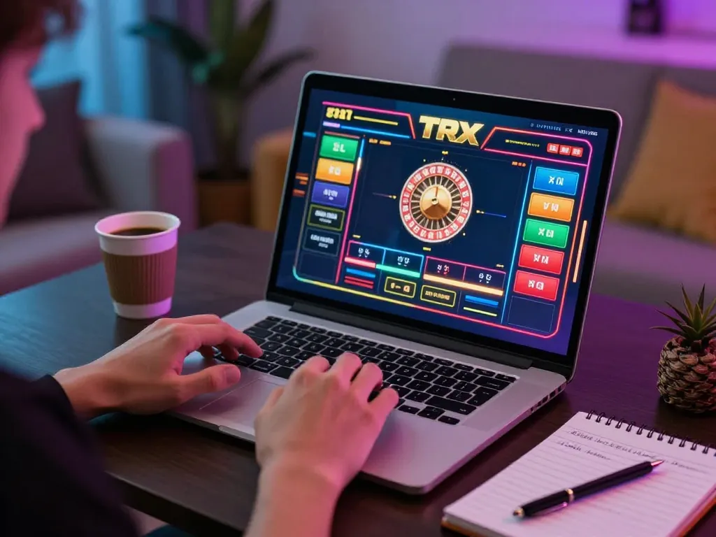 Engaging player spinning the roulette wheel at a TRX casino on a laptop, showcasing an exciting gaming experience.