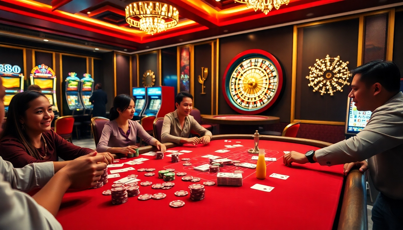 Players engaging in an exciting PG88 casino gaming experience at a poker table with vibrant chips.