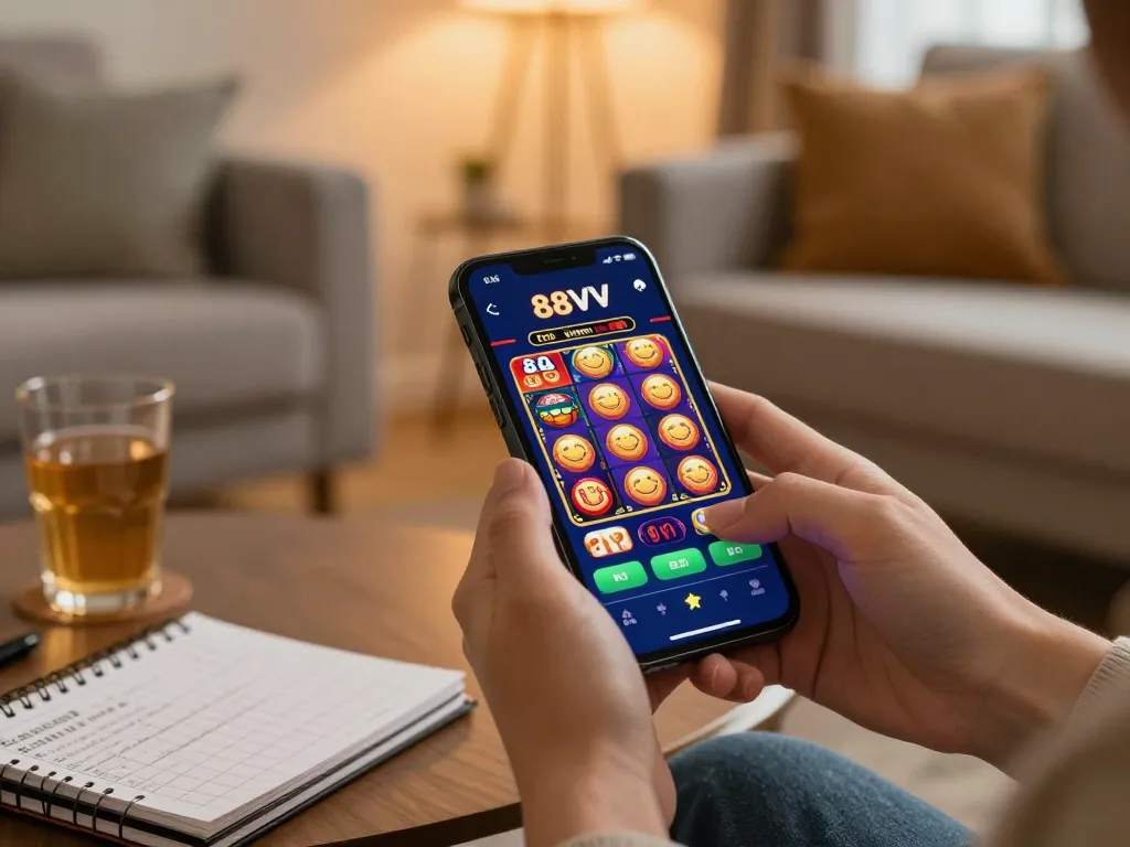 Engaging smartphone gameplay at 88vv online casino showcasing vibrant slot graphics.