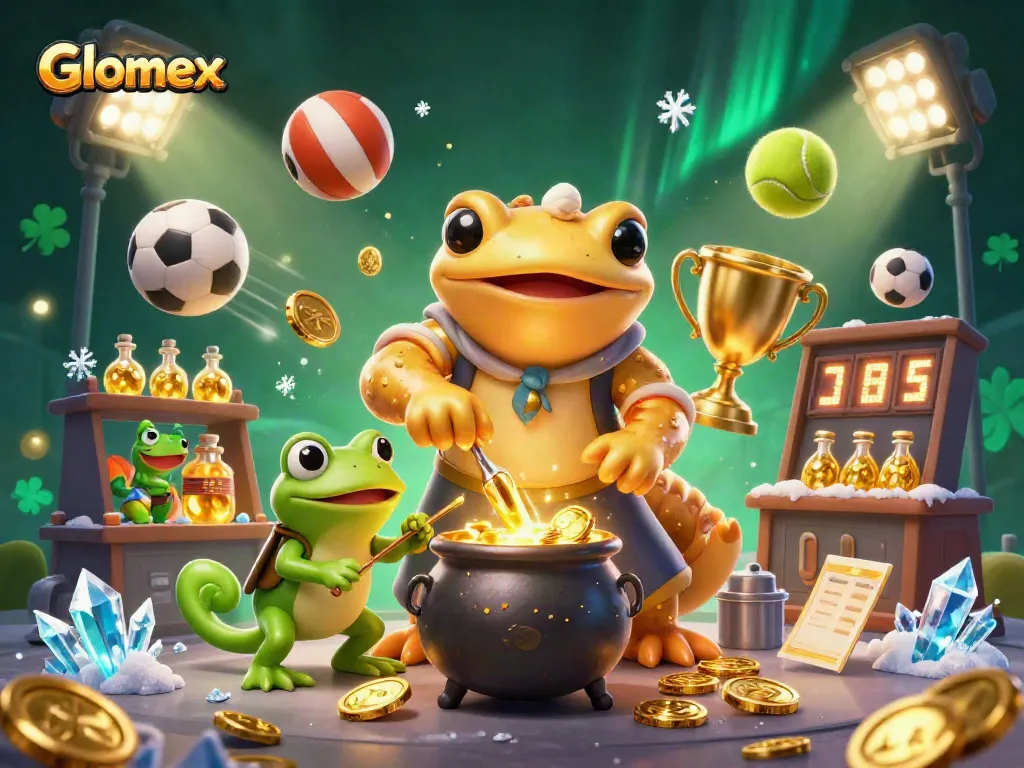 Glomex transforms base metals into lucrative gold coins in a lively casino scene.